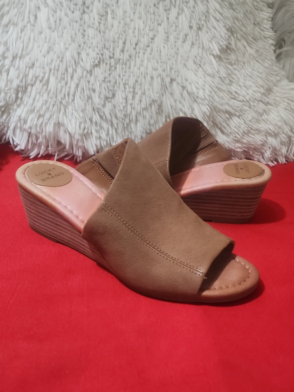 Lucky Brand Malenka Brown Open-Toe Wedge Slides